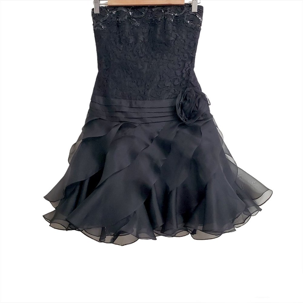 Tadashi Vintage Strapless Mini Silk Dress Petite 4 Black Ruffle Sequin L…